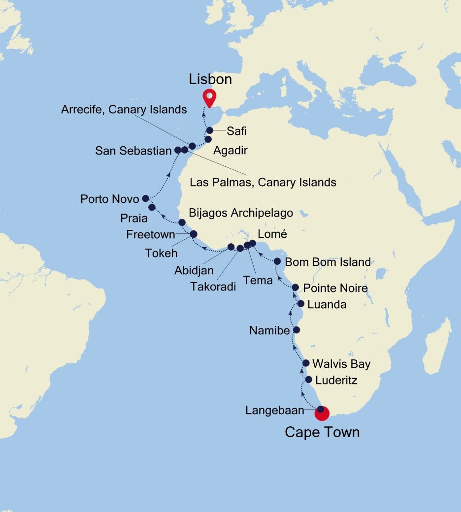 Cape Town to Lisbon Expedition Cruise Itinerary Map